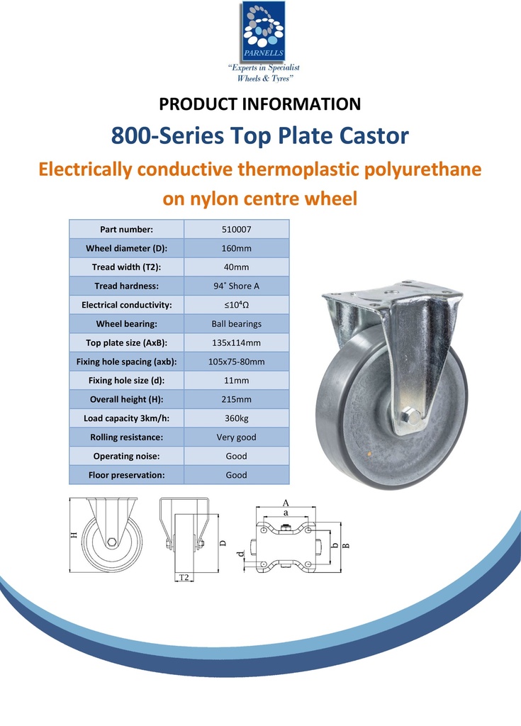 800 series 160mm fixed top plate 135x114mm castor with electrically conductive grey polyurethane on nylon centre ball bearing wheel 550kg - Spec sheet