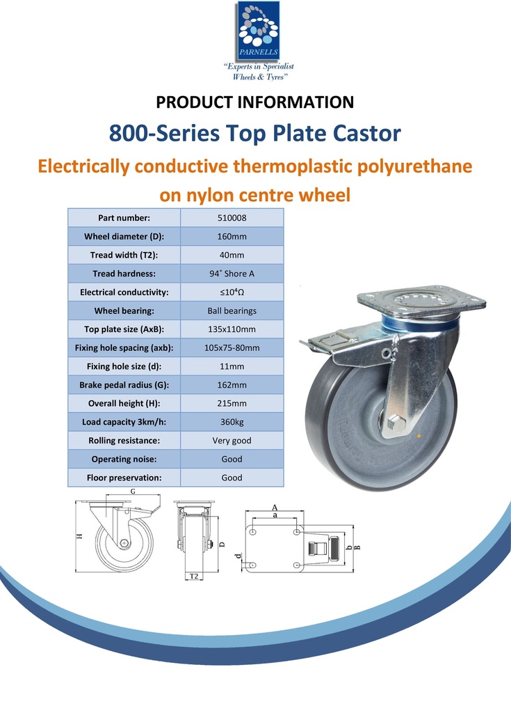 800 series 160mm swivel/brake top plate 135x110mm castor with electrically conductive grey polyurethane on nylon centre ball bearing wheel 550kg - Spec sheet