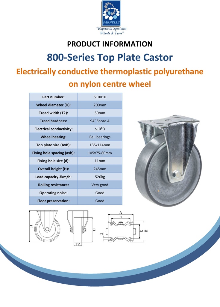 800 series 200mm fixed top plate 135x114mm castor with electrically conductive grey polyurethane on nylon centre ball bearing wheel 700kg - Spec sheet