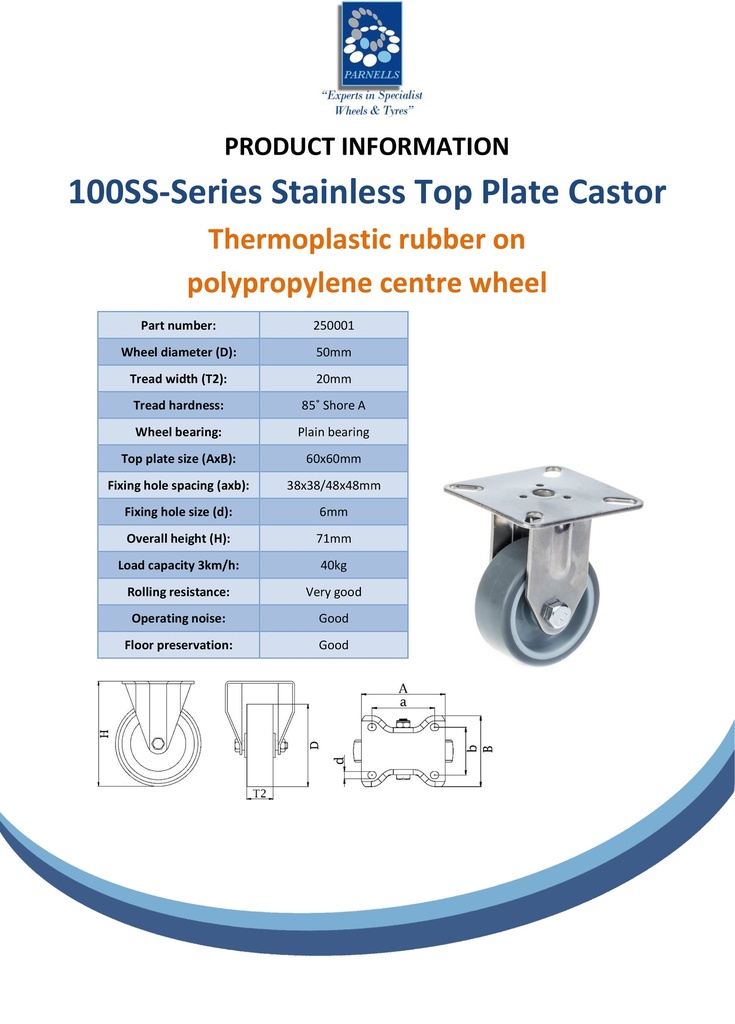 100SS series 50mm stainless steel fixed top plate 60x60mm castor with grey TPR-rubber on polypropylene centre plain bearing wheel 40kg - Spec sheet