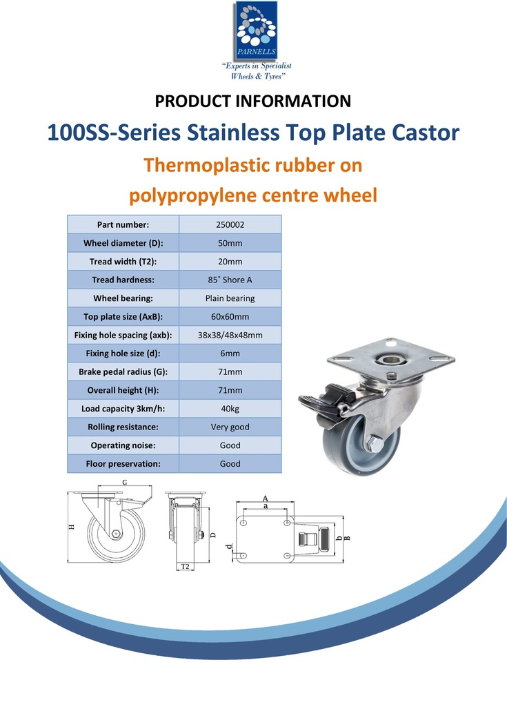 100SS series 50mm stainless steel swivel/brake top plate 60x60mm castor with grey TPR-rubber on polypropylene centre plain bearing wheel 40kg - Spec sheet