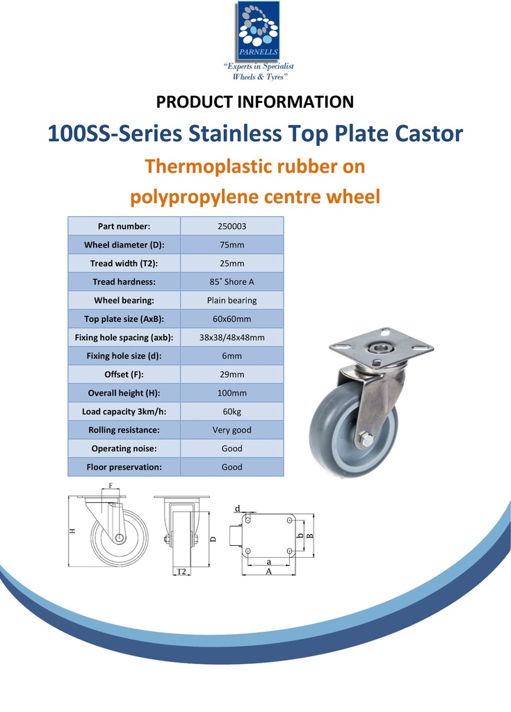 100SS series 75mm stainless steel swivel top plate 60x60mm castor with grey TPR-rubber on polypropylene centre plain bearing wheel 60kg - Spec sheet