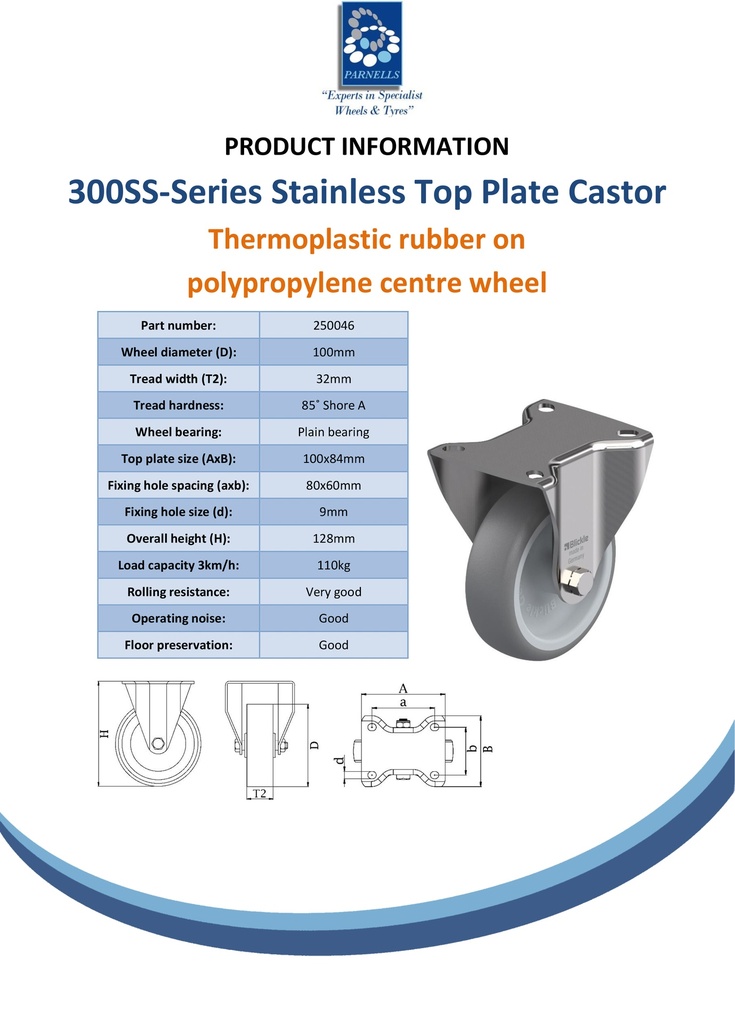 300SS series 100mm stainless steel fixed top plate 100x84mm castor with grey TPR-rubber on polypropylene centre plain bearing wheel 110kg - Spec sheet