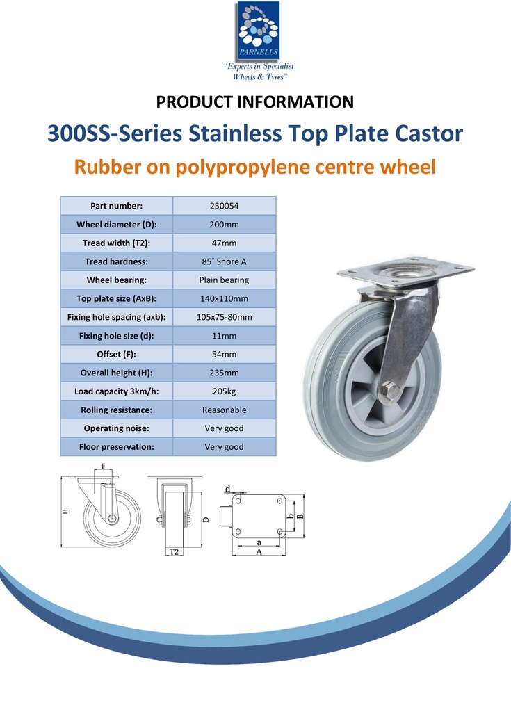 300SS series 200mm stainless steel swivel top plate 140x110mm castor with grey rubber on polypropylene centre plain bearing wheel 205kg - Spec sheet