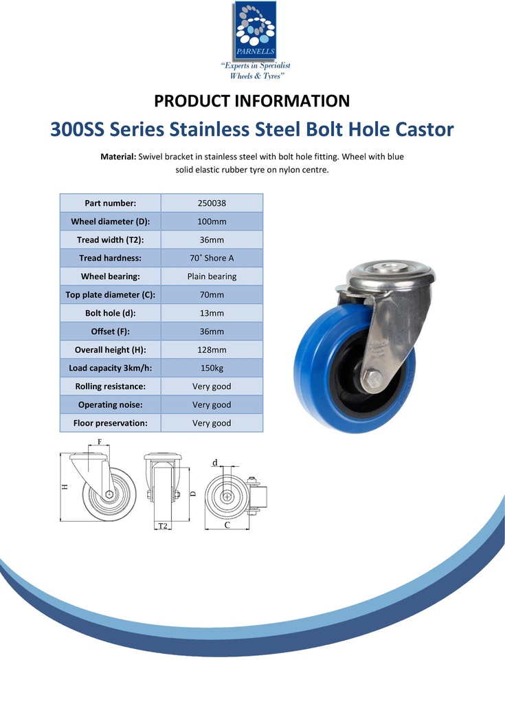 100mm stainless steel swivel castor with blue elastic rubber on nylon ...