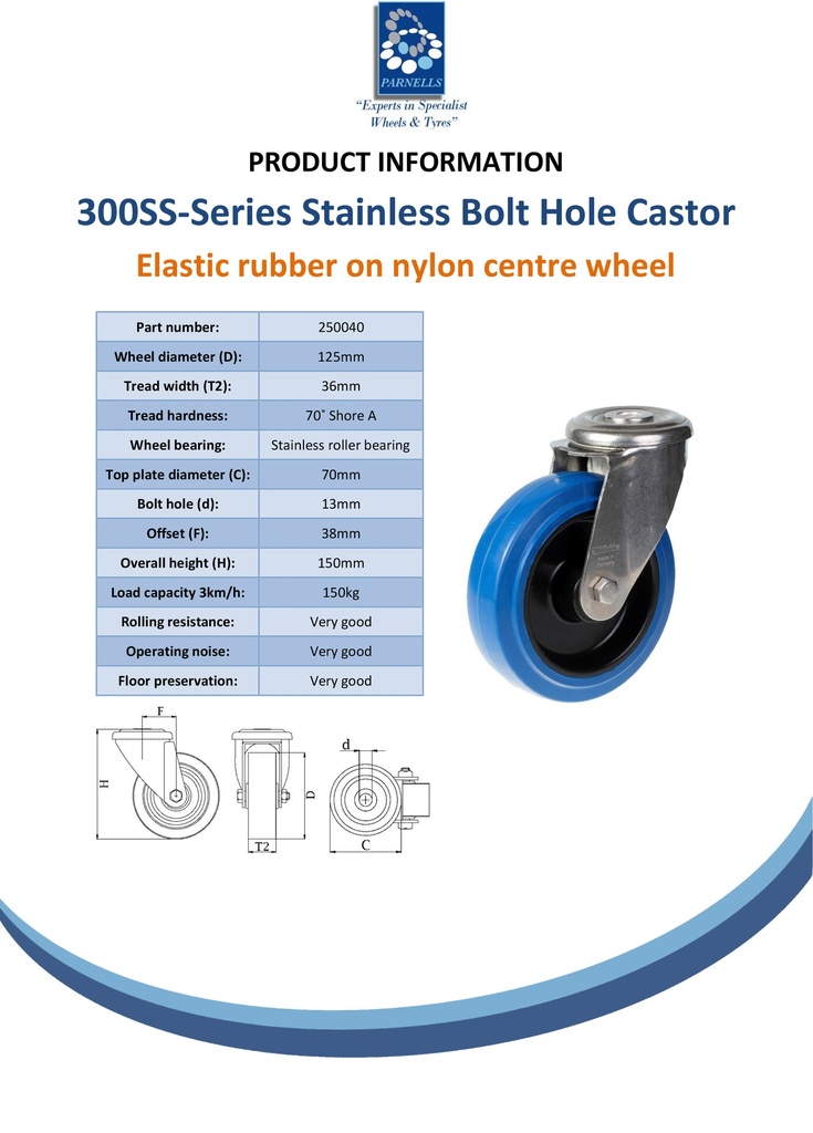 300SS series 125mm stainless steel swivel bolt hole 13mm castor with blue elastic rubber on nylon centre stainless steel roller bearing wheel 150kg - Spec sheet