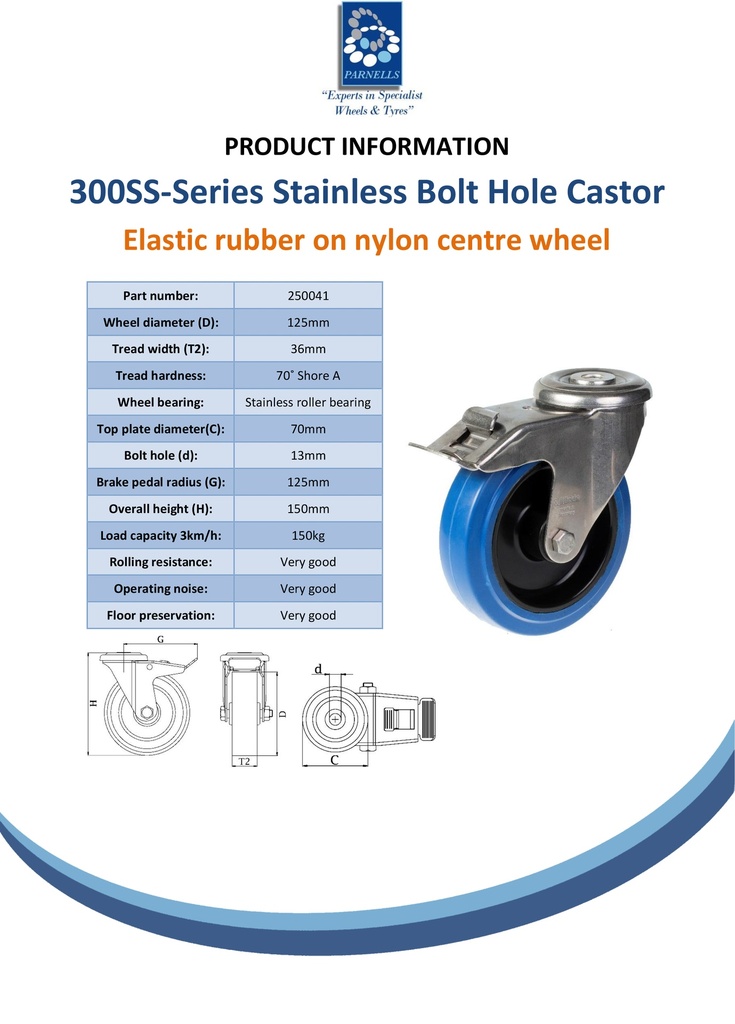 300SS series 125mm stainless steel swivel/brake bolt hole 13mm castor blue elastic rubber on nylon centre stainless steel roller bearing wheel 150kg - Spec sheet