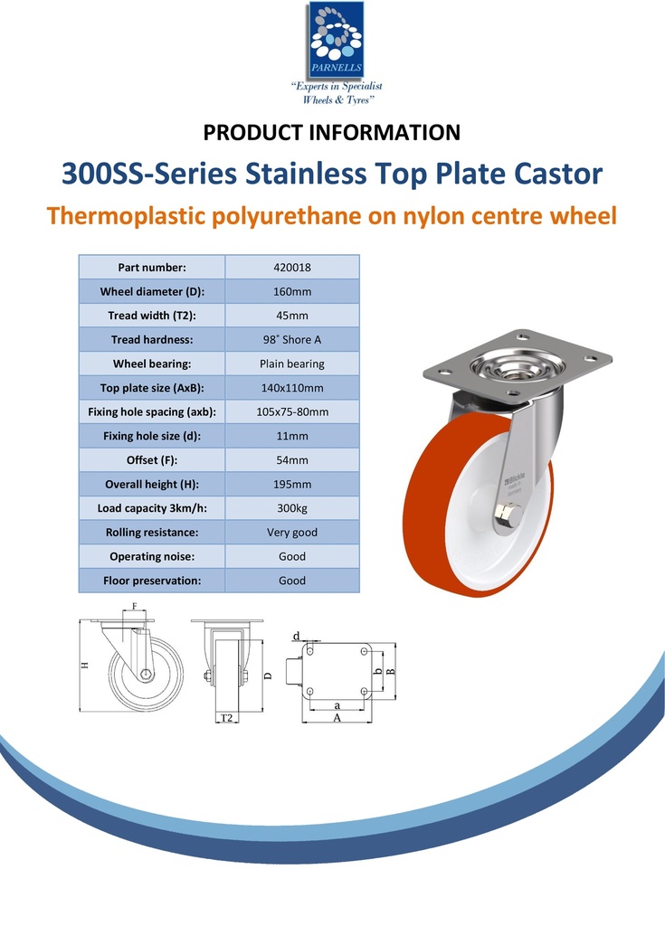 300SS series 160mm stainless steel swivel top plate 140x110mm castor with polyurethane on nylon centre plain bearing wheel 300kg - Spec sheet