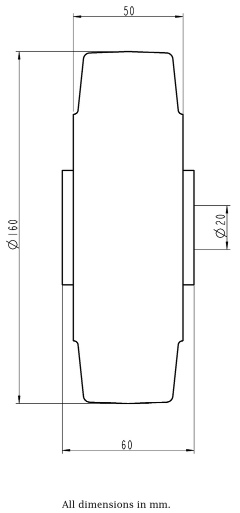 Wheel series 160mm black elastic rubber on welded steel centre 20mm bore hub length 60mm ball bearings 450kg - Wheel dimensions