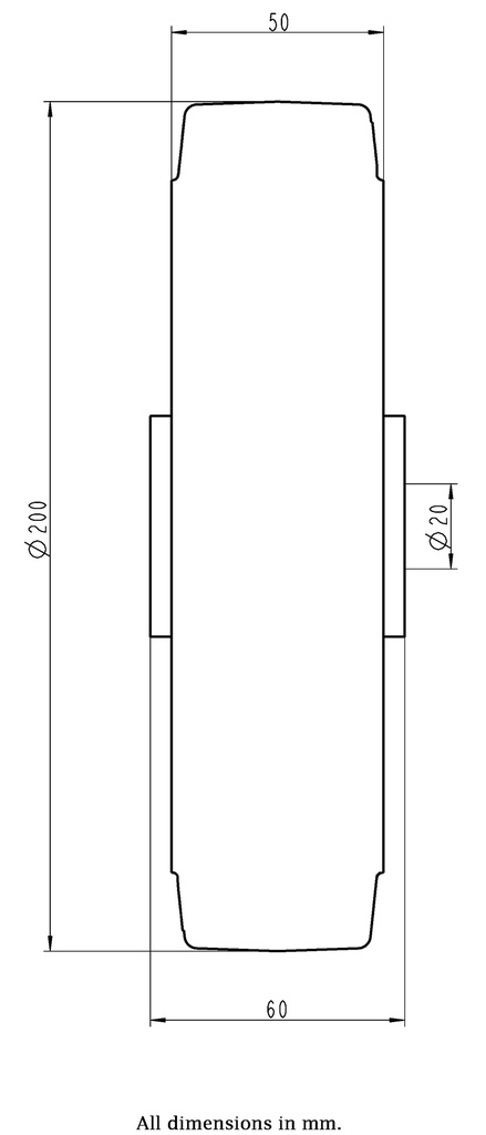 Wheel series 200mm black elastic rubber on welded steel centre 20mm bore hub length 60mm ball bearings 600kg - Wheel dimensions