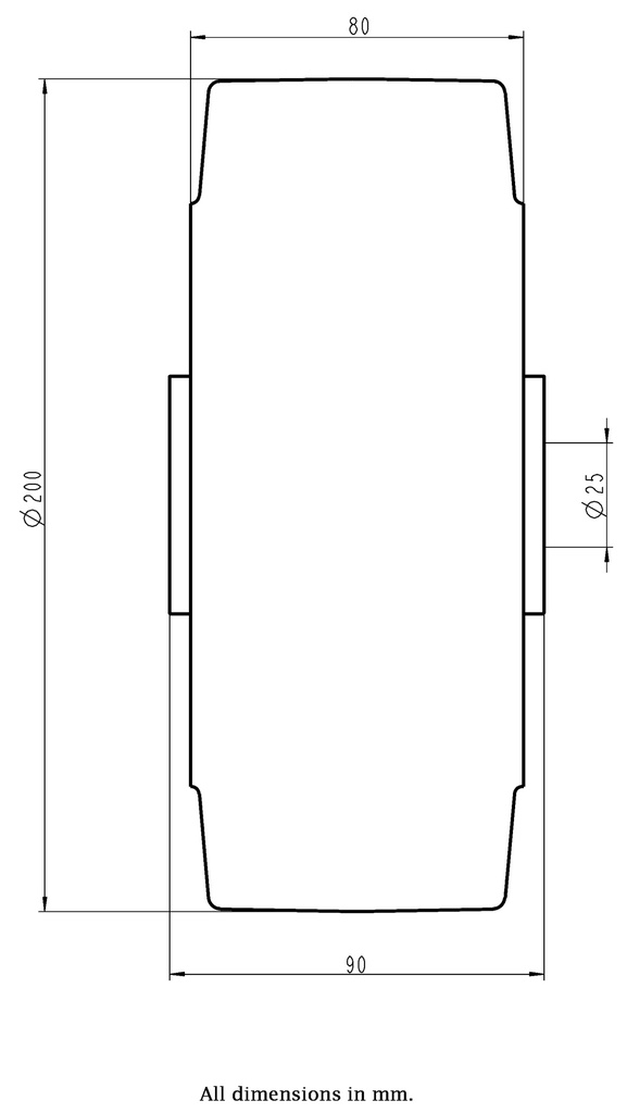 Wheel series 200mm black elastic rubber on welded steel centre 25mm bore hub length 90mm ball bearings 850kg - Wheel dimensions