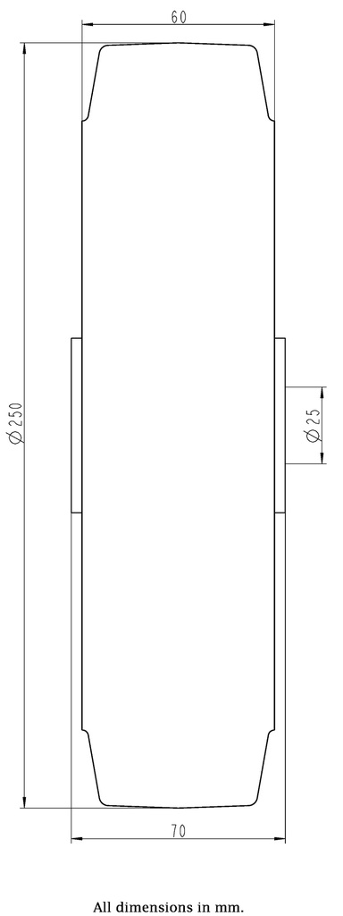 Wheel series 250mm black elastic rubber on welded steel centre 25mm bore hub length 70mm ball bearings 850kg - Wheel dimensions