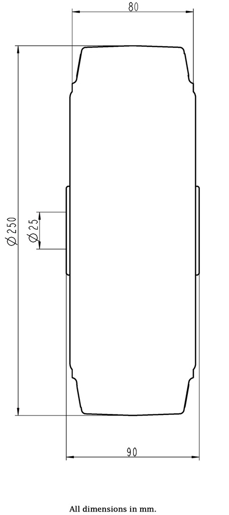 Wheel series 250mm black elastic rubber on welded steel centre 25mm bore hub length 90mm ball bearings 1000kg - Wheel dimensions