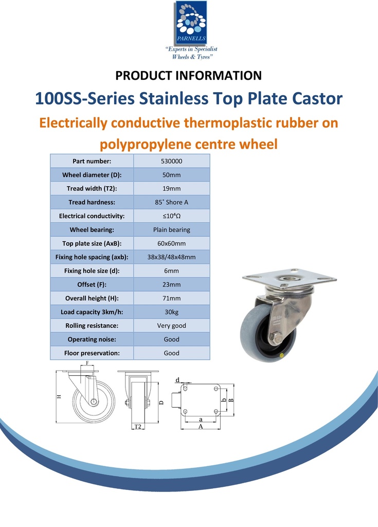 100SS series 50mm stainless steel swivel top plate 60x60mm castor with electrically conductive grey TPR-rubber on polypropylene centre plain bearing wheel 30kg - Spec sheet