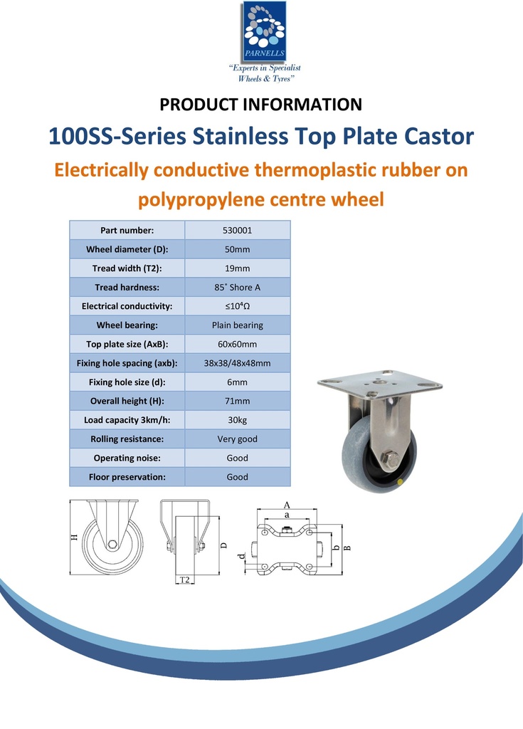 100SS series 50mm stainless steel fixed top plate 60x60mm castor with electrically conductive grey TPR-rubber on polypropylene centre plain bearing wheel 30kg - Spec sheet
