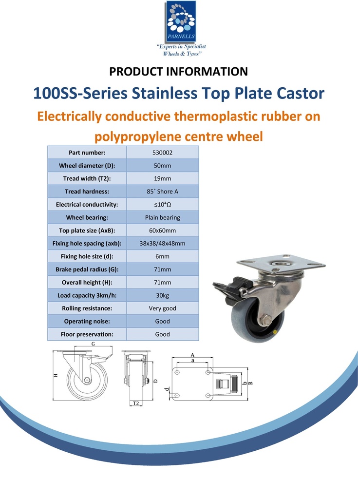 100SS series 50mm stainless steel swivel/brake top plate 60x60mm castor with electrically conductive grey TPR-rubber on polypropylene centre plain bearing wheel 30kg - Spec sheet