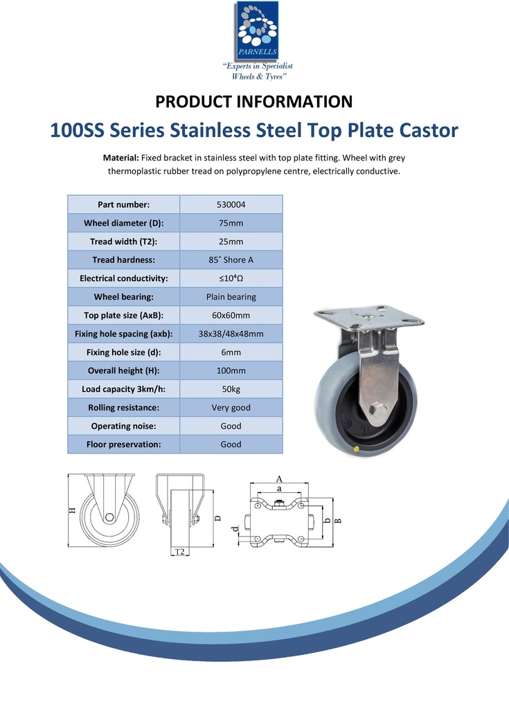 100SS series 75mm stainless steel fixed top plate 60x60mm castor with electrically conductive grey TPR-rubber on polypropylene centre plain bearing wheel 50kg - Spec sheet