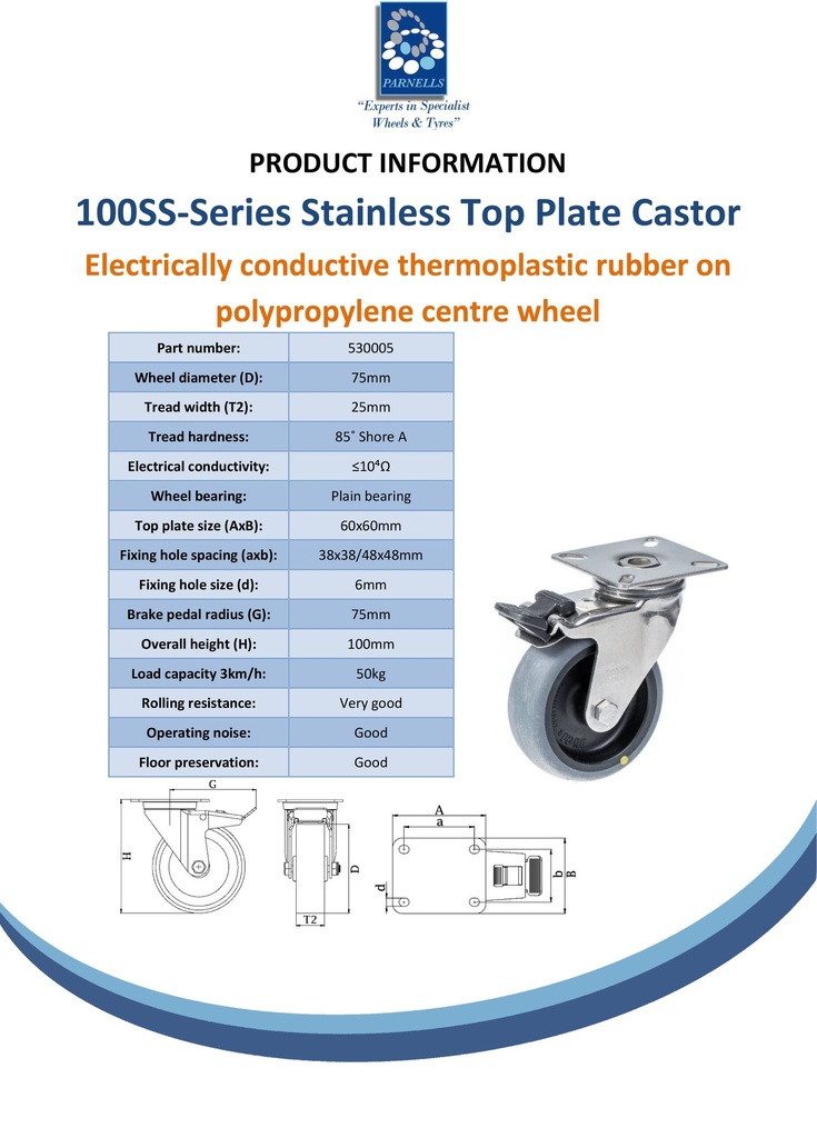 100SS series 75mm stainless steel swivel/brake top plate 60x60mm castor with electrically conductive grey TPR-rubber on polypropylene centre plain bearing wheel 50kg - Spec sheet