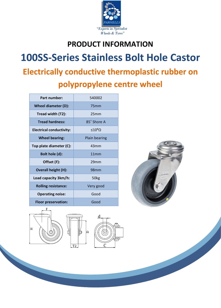 100SS series 75mm stainless steel swivel bolt hole 11mm castor with electrically conductive grey TPR-rubber on polypropylene centre plain bearing wheel 50kg - Spec sheet