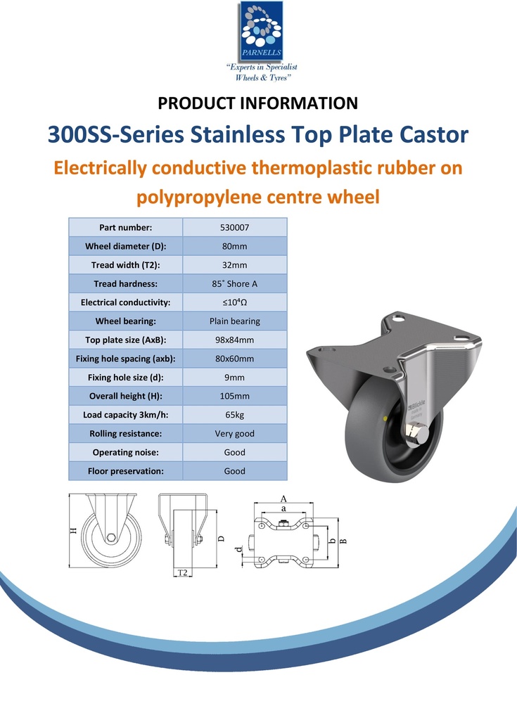 300SS series 80mm stainless steel fixed top plate 100x85mm castor with electrically conductive grey TPR-rubber on polypropylene centre plain bearing wheel 65kg - Spec sheet