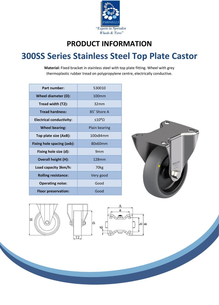 300SS series 100mm stainless steel fixed top plate 100x85mm castor with electrically conductive grey TPR-rubber on polypropylene centre plain bearing wheel 70kg - Spec sheet