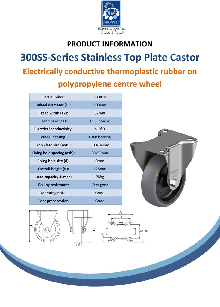 300SS series 100mm stainless steel fixed top plate 100x85mm castor with electrically conductive grey TPR-rubber on polypropylene centre plain bearing wheel 70kg - Spec sheet