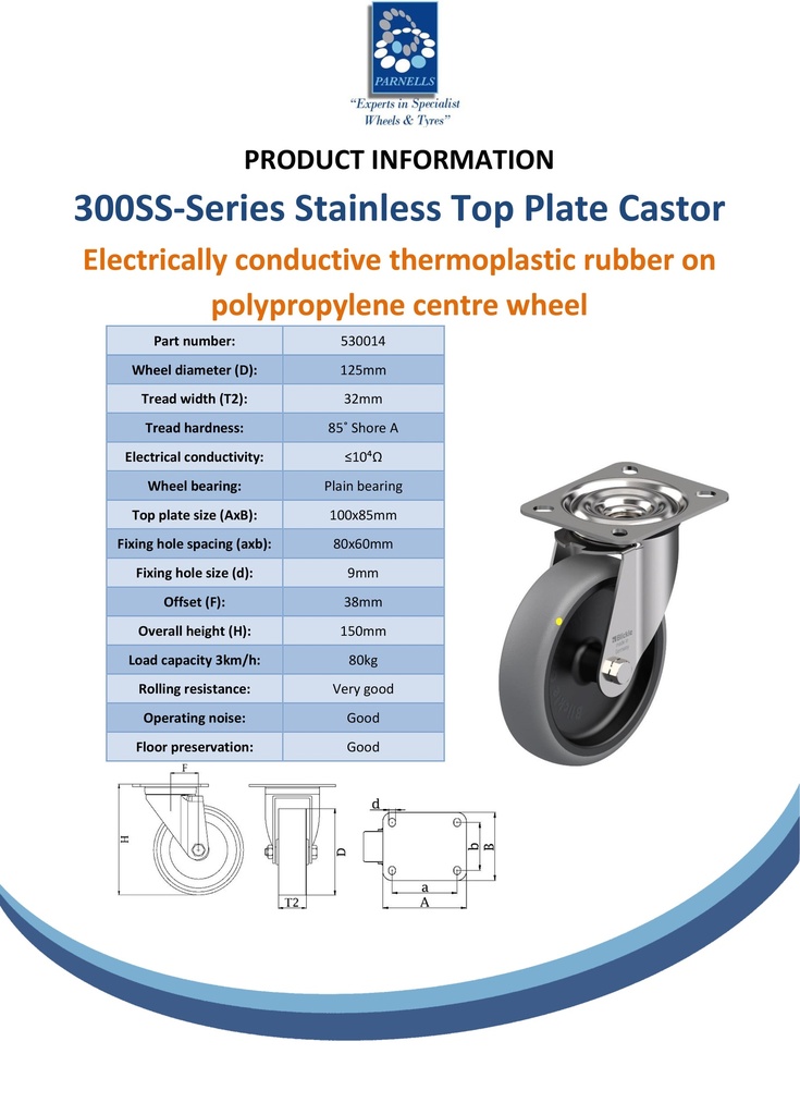 300SS series 125mm stainless steel swivel top plate 100x85mm castor with electrically conductive grey TPR-rubber on polypropylene centre plain bore wheel 80kg - Spec sheet