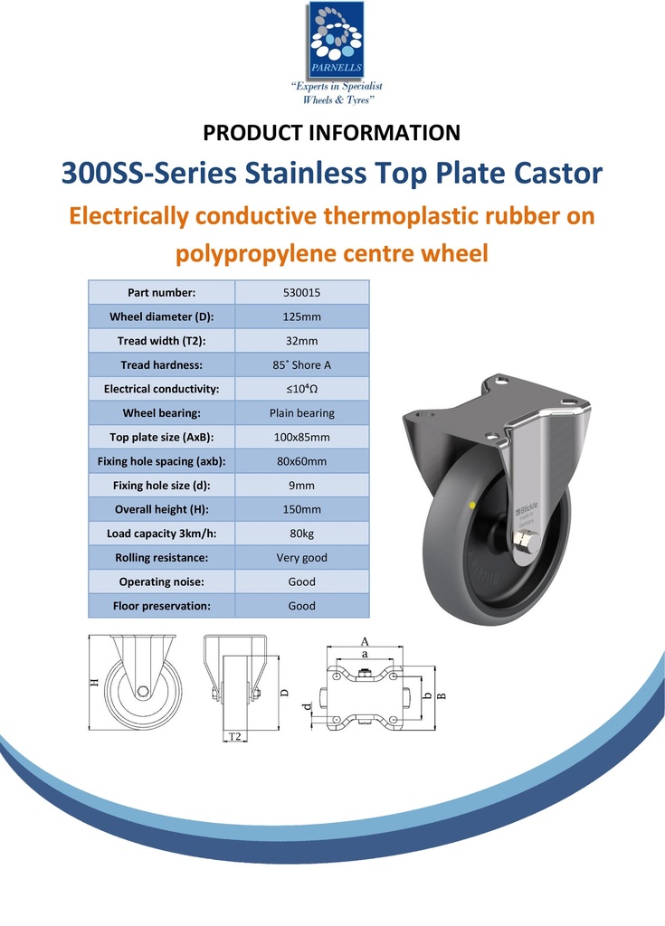 300SS series 125mm stainless steel fixed top plate 100x85mm castor with electrically conductive grey TPR-rubber on polypropylene centre plain bore wheel 80kg - Spec sheet