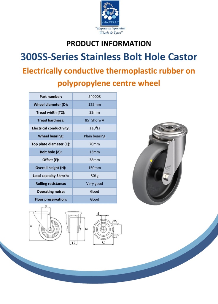 300SS series 125mm stainless steel swivel bolt hole 13mm castor with electrically conductive grey TPR-rubber on polypropylene centre plain bore wheel 80kg - Spec sheet