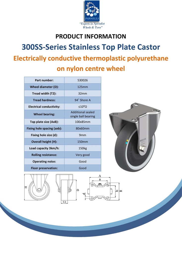 300SS series 125mm stainless steel fixed top plate 100x85mm castor with electrically conductive grey polyurethane on nylon centre additional sealed single ball bearing wheel 150kg - Spec sheet