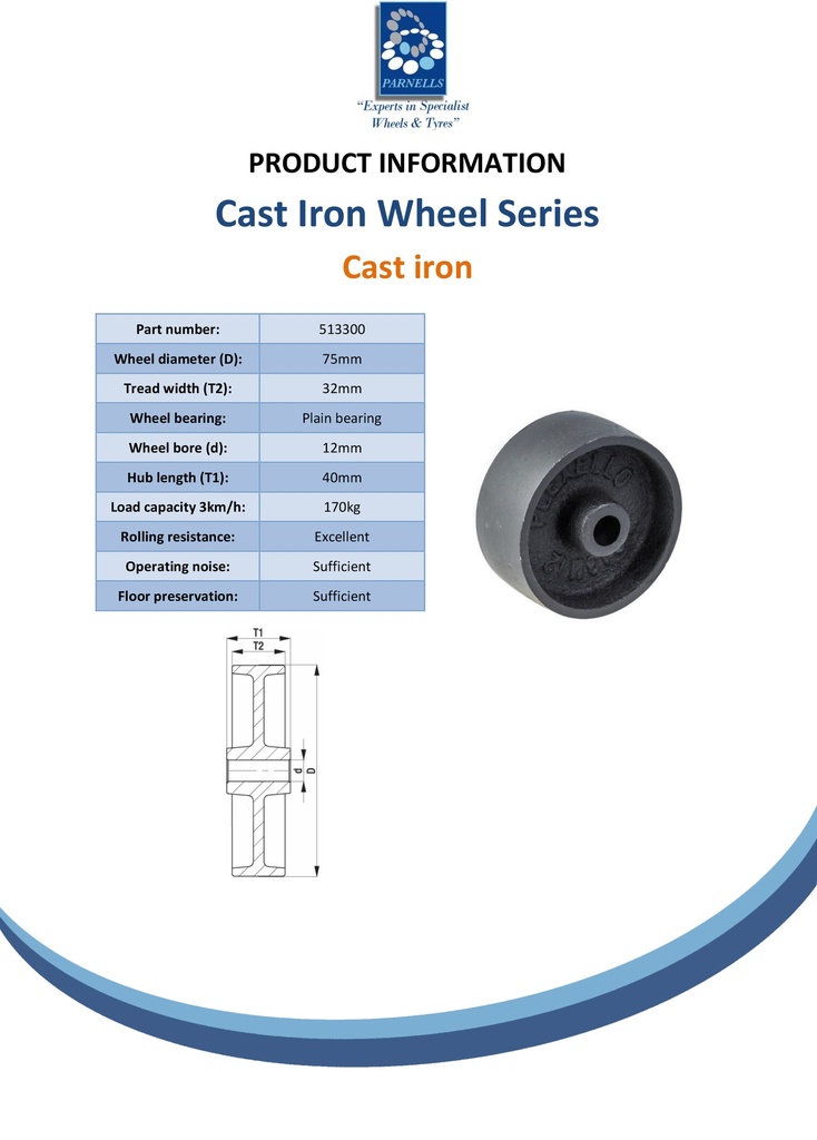 Wheel series 75mm cast iron 12mm bore hub length 40mm plain bearing 170kg - Spec sheet