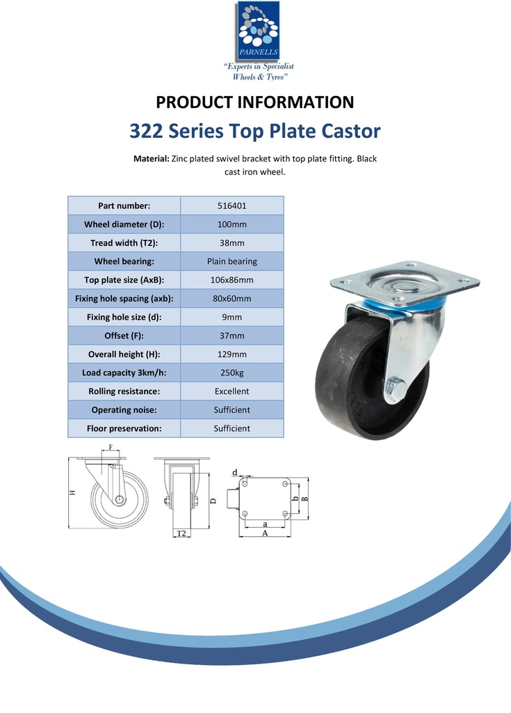 322 series 100mm swivel top plate 106x86mm castor with cast iron plain bearing wheel 250kg - Spec sheet