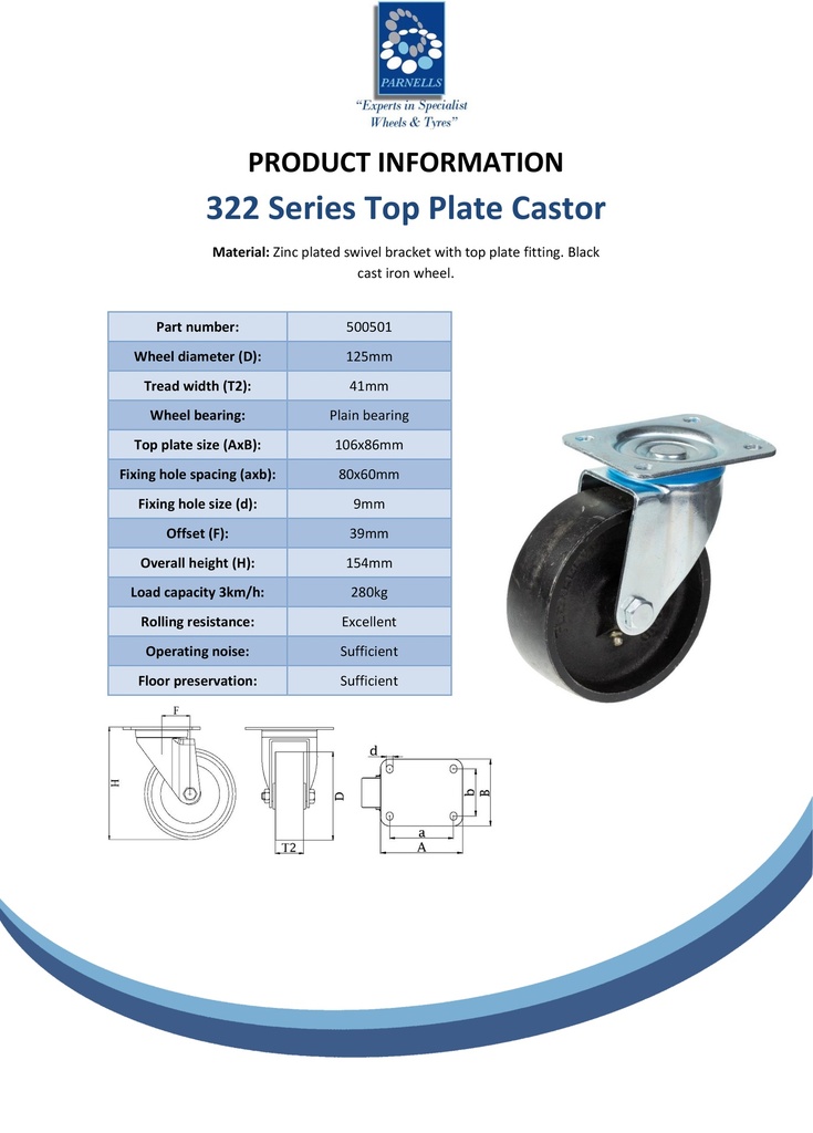 322 series 125mm swivel top plate 106x86mm castor with cast iron plain bearing wheel 280kg - Spec sheet