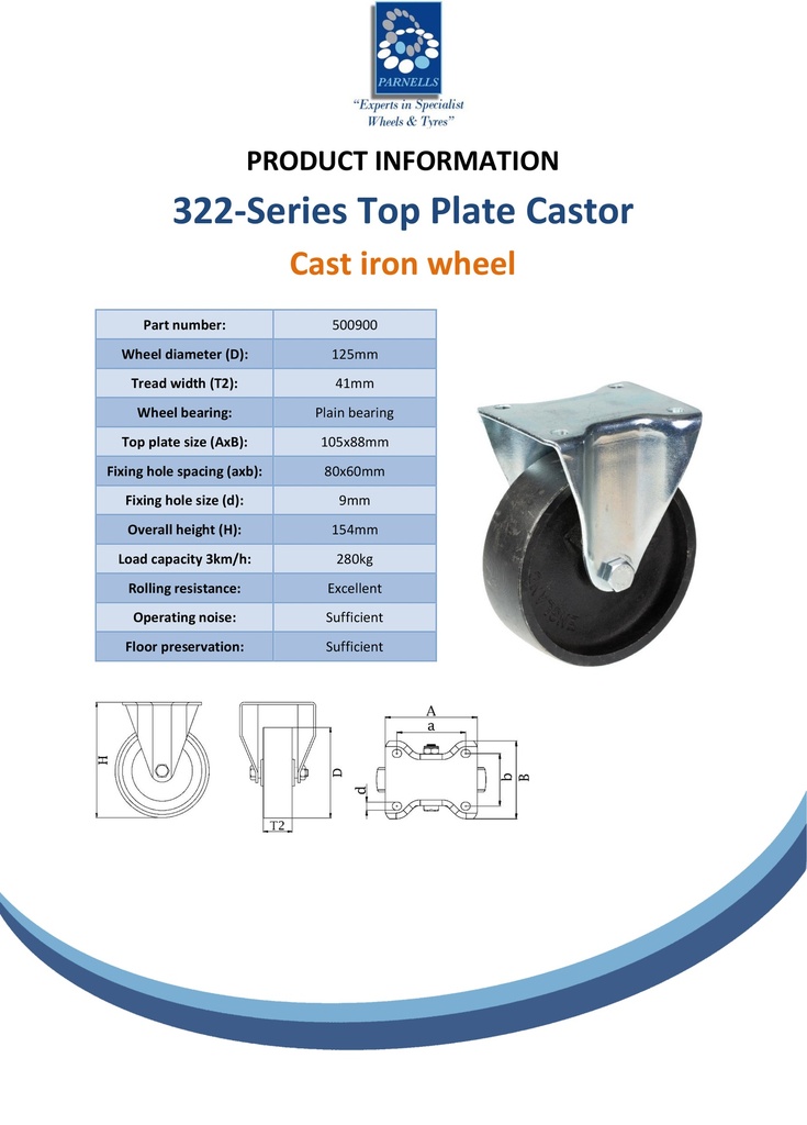 322 series 125mm fixed top plate 105x88mm castor with cast iron plain bearing wheel 280kg - Spec sheet