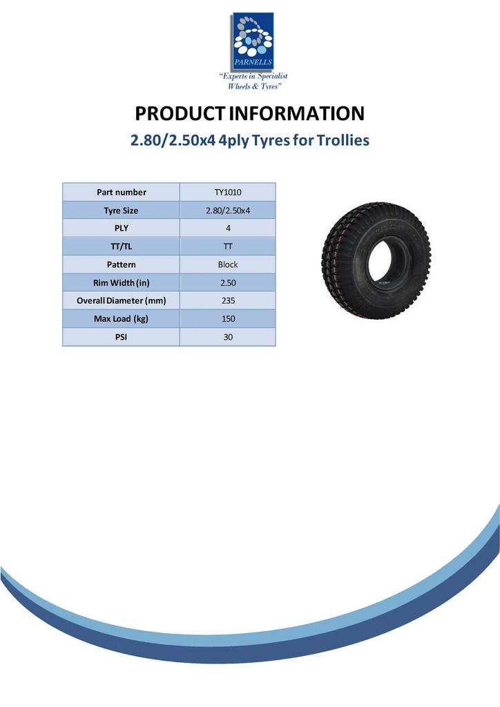 2.80/2.50-4 4ply Block tyre (Tube type) Spec Sheet