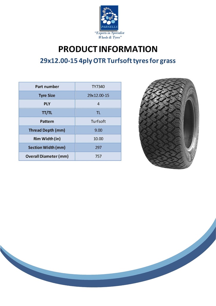 29x12.00-15 4pr OTR Turfsoft Pro-XT grass tyre TL 810kg Spec Sheet
