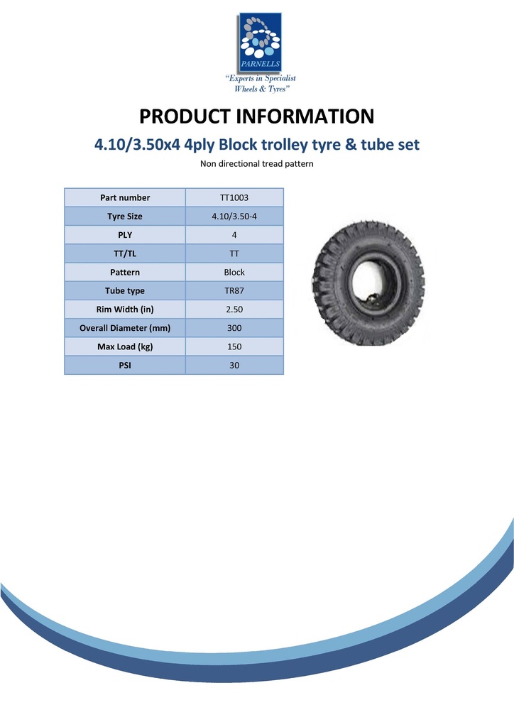 4.10/3.50-4 4ply Block tyre & tube set (TR87) Spec Sheet