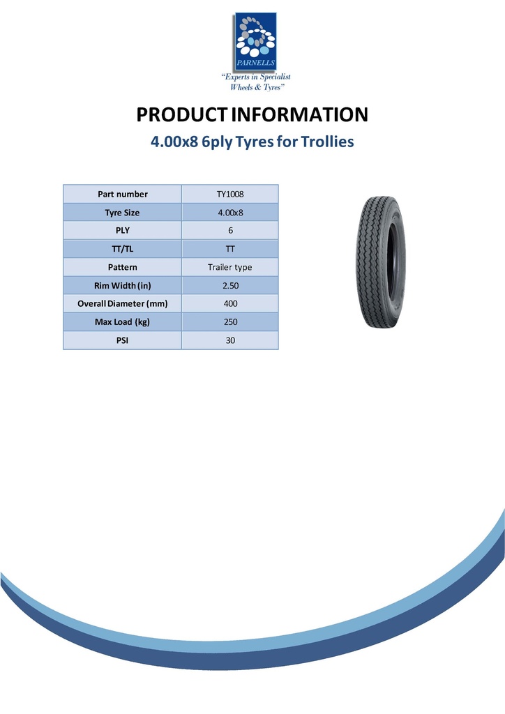 4.80/4.00x8 6ply trailer pattern tyre - low speed (Tube type) Spec Sheet
