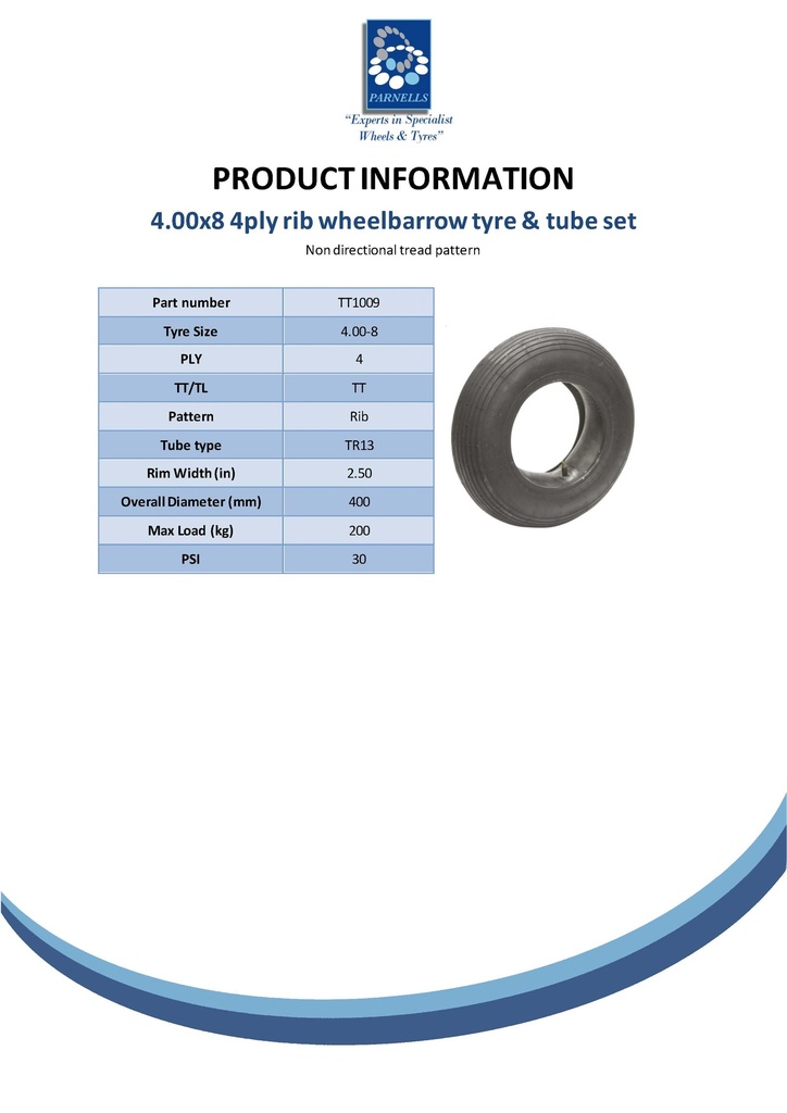 4.80/4.00-8 4ply Multi rib tyre & tube set (TR13) Spec Sheet