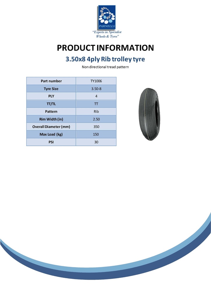 3.50x8 4ply Multi rib tyre (Tube type) Spec Sheet