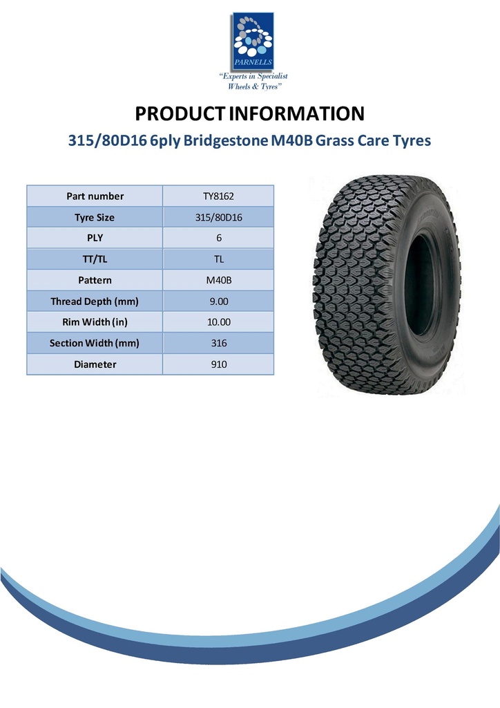 315/80D16 6pr Bridgestone M40B grass tyre Spec Sheet