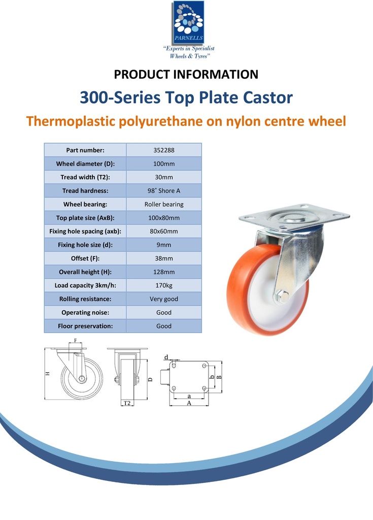 300 series 100mm swivel top plate 100x80mm castor with polyurethane on nylon centre roller bearing wheel 170kg - Spec Sheet