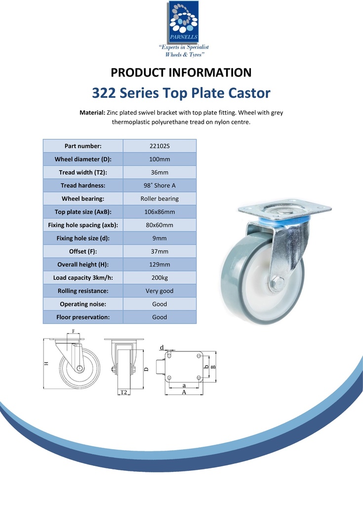 322 series 100mm swivel top plate 106x86mm castor with polyurethane on nylon centre roller bearing wheel 200kg - Spec sheet