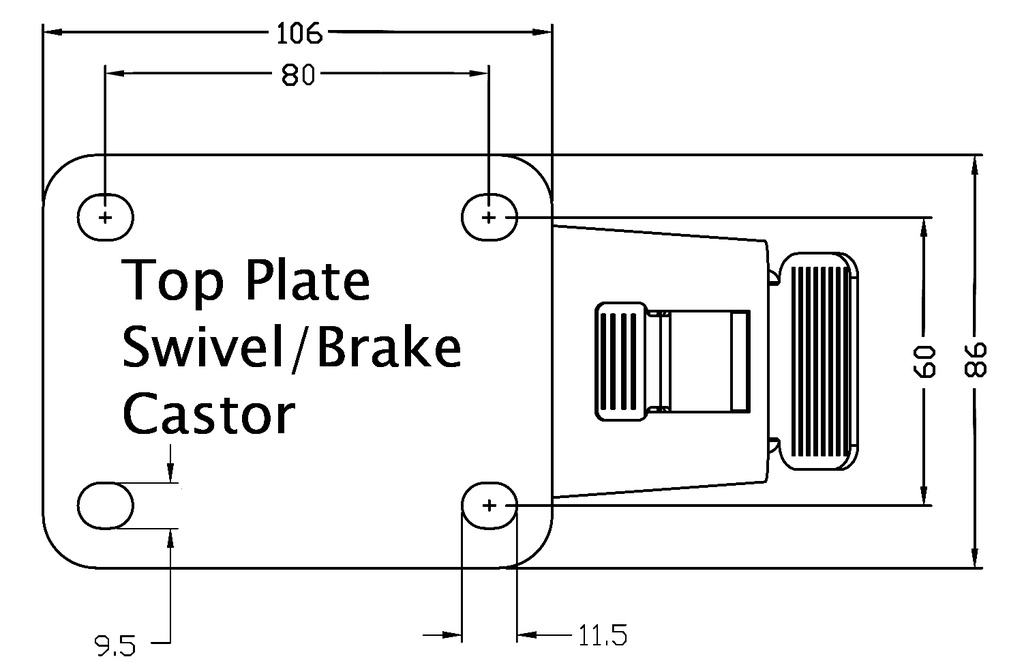 322 series 100mm swivel/brake top plate 106x86mm - Plate drawing