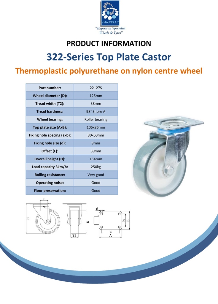 322 series 125mm swivel top plate 106x86mm castor with polyurethane on nylon centre roller bearing wheel 250kg - Spec sheet