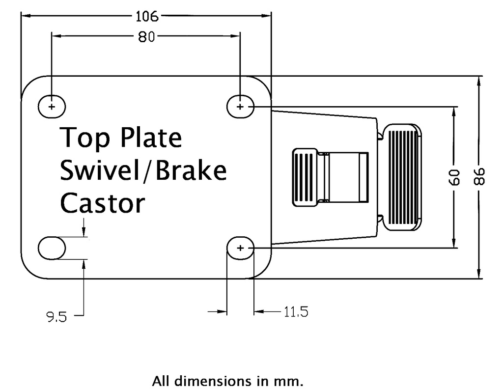 322 series 125mm swivel/brake top plate 106x86mm - Plate dimensions