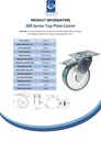300 series 160mm swivel/brake top plate 140x110mm castor with polyurethane on polypropylene centre ball bearing wheel 300kg - Spec sheet