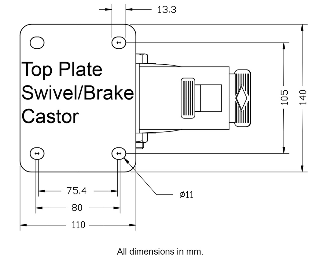 300 series 200mm swivel/brake top plate 140x110mm - Plate drawing