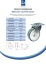 300 series 200mm swivel top plate 140x110mm castor with polyurethane on polypropylene centre ball bearing wheel 350kg - Spec sheet