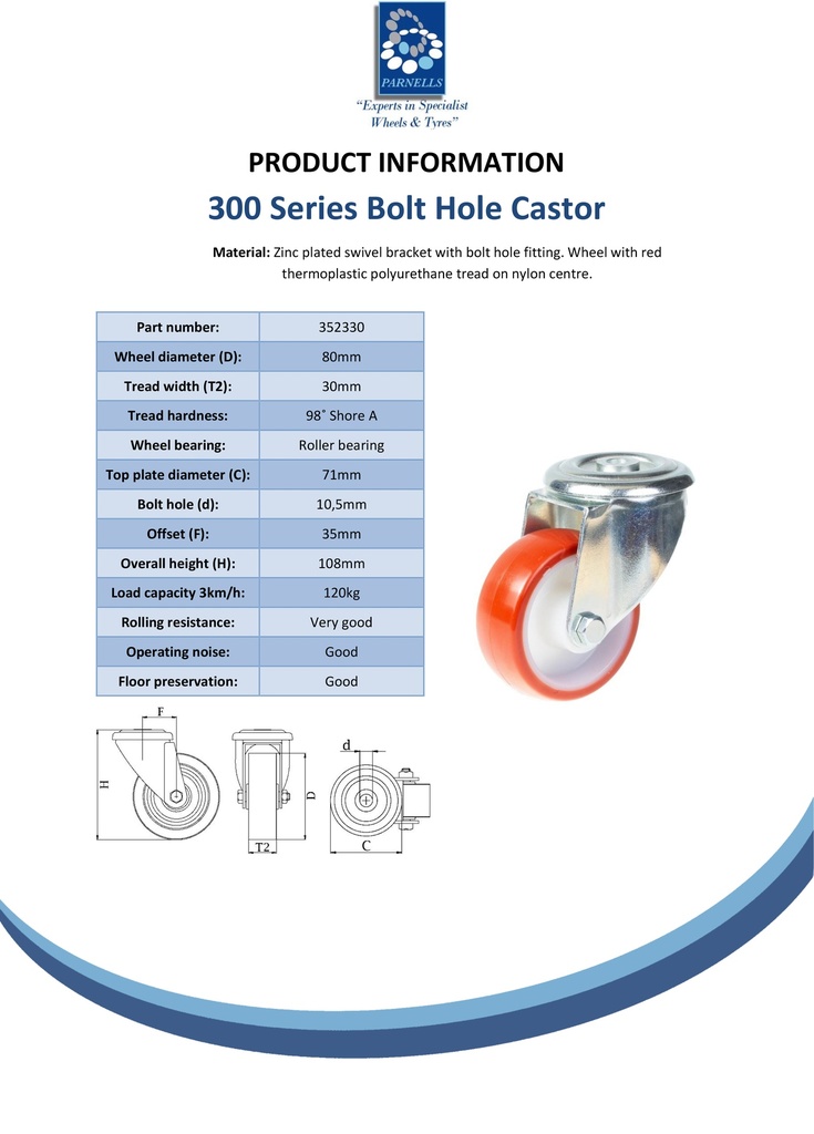 300 series 80mm swivel bolt hole 10,5mm castor with polyurethane on nylon centre roller bearing wheel 120kg - Spec sheet